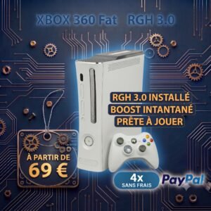 Xbox 360 Fat blanche modifiée avec hack RGH 3.0 installée, prête à jouer avec manette blanche, disponible à partir de 69 euros.