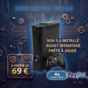 Xbox 360 Fat noire modifiée avec hack RGH 3.0 installée, prête à jouer avec manette blanche, disponible à partir de 69 euros.