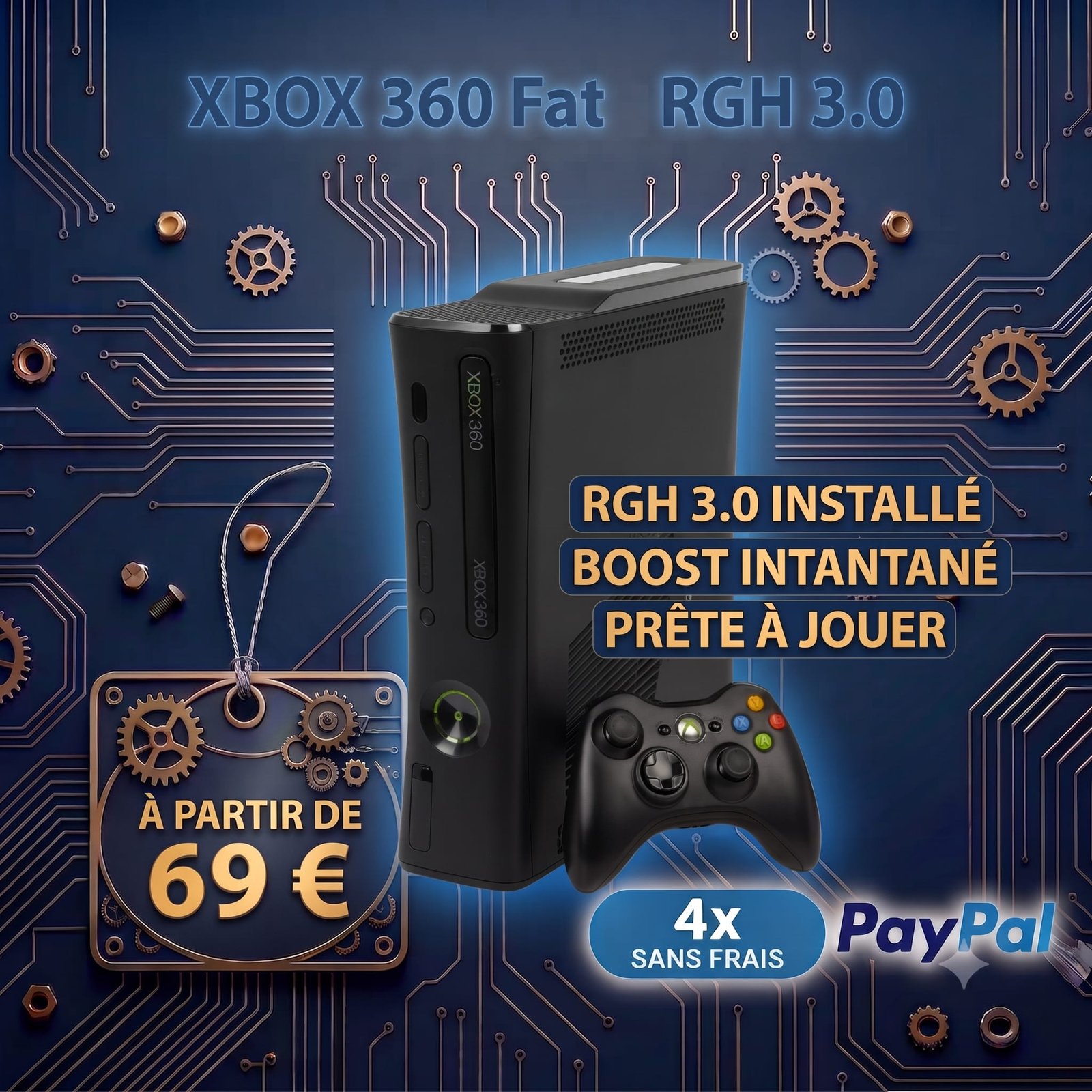 Xbox 360 Fat noire modifiée avec hack RGH 3.0 installée, prête à jouer avec manette blanche, disponible à partir de 69 euros.