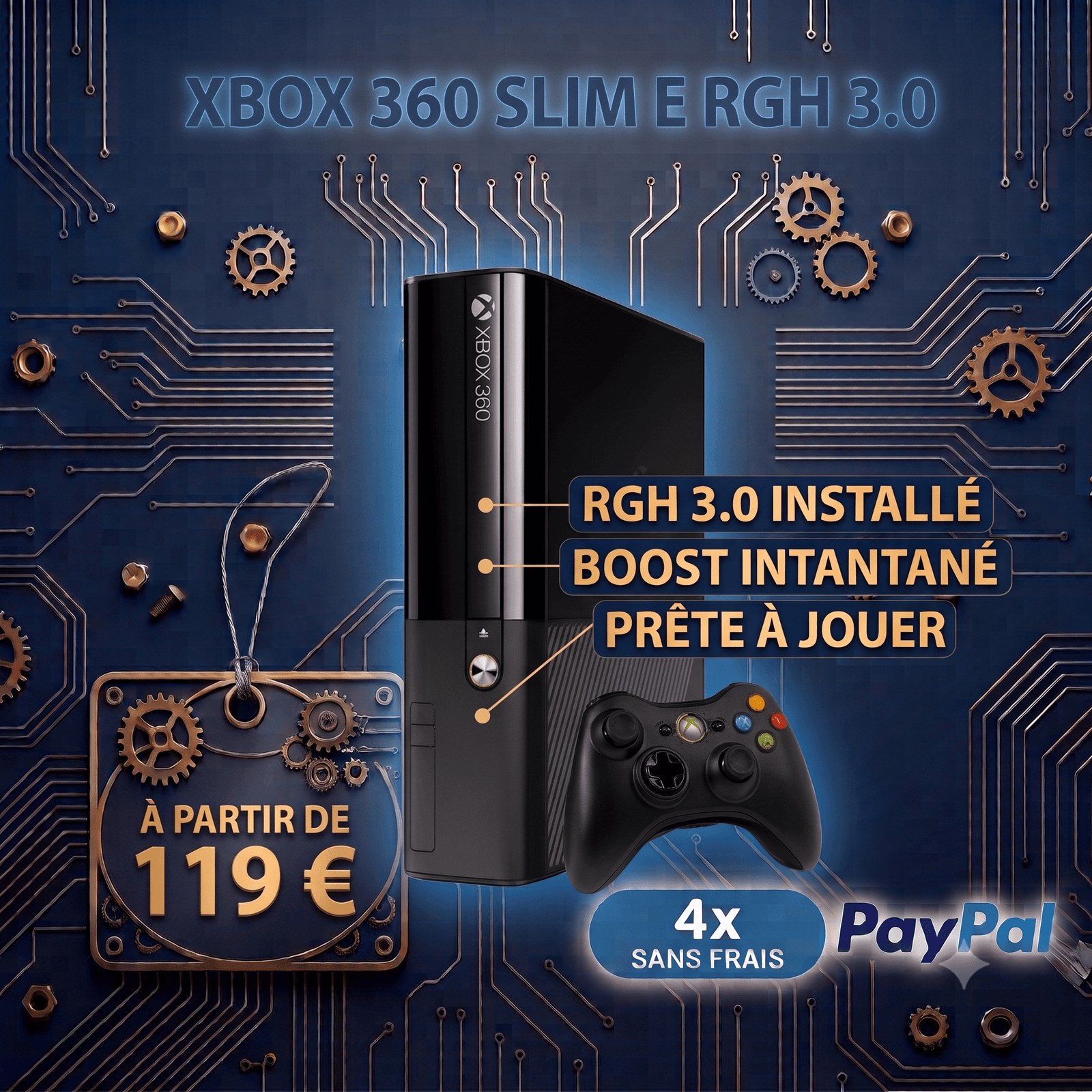 Console Xbox 360 Slim E modifiée avec Glitch RGH3 prête à l'emploi