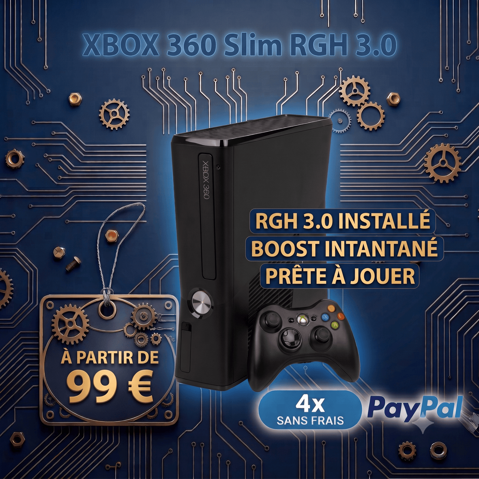 Console Xbox 360 Slim 4Go modifiée avec Glitch RGH3 et Aurora